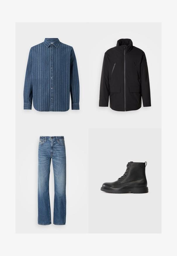 Čierna bunda s vysokým golierom, plný predný zips, dve zipsové vrecká na hrudi a dve predné vrecká s klopou; hladká textúra a uvoľnený strih.; Samsøe Samsøe SADAMON SHIRT - Košeľa - denim; Modré džíny z denimoviny so strihaním rovného nohavice, vysokým pásom a jemným vyblednutím. Obsahujú zapínanie na gombík a zips a klasický dizajn s piatimi vreckami.; Čierne členkové topánky vyrobené z textúrovanej kože s okrúhlou špičkou, šnurovací dizajn a robustná čierna gumená podrážka. Obsahujú pútko na päte.