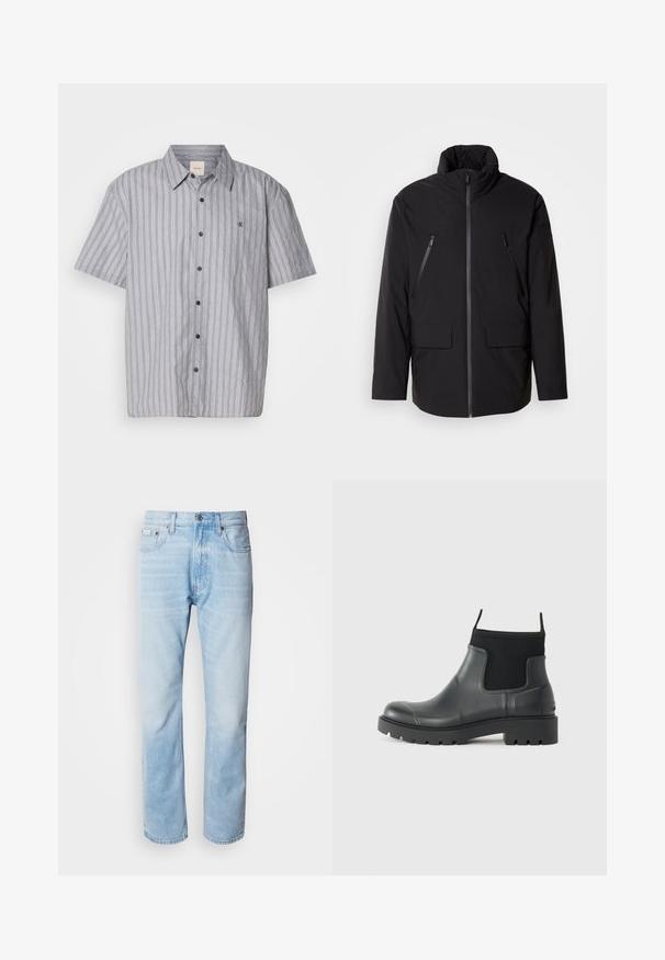 Chaqueta negra con cuello alto, cierre frontal completo, dos bolsillos en el pecho con cremallera y dos bolsillos frontales con solapa; textura suave y corte relajado.; Camisa de manga corta, con botones, hecha de una tela ligera con rayas verticales azules y blancas. Presenta un cuello clásico y un bolsillo en la parte delantera.; Vaqueros de mezclilla azul claro con corte recto, con secciones desgastadas, diseño de cinco bolsillos y cierre de botones clásico.; Botas de tobillo negras de goma con acabado mate, que presentan un diseño elegante, paneles elásticos y una suela gruesa para mayor tracción.