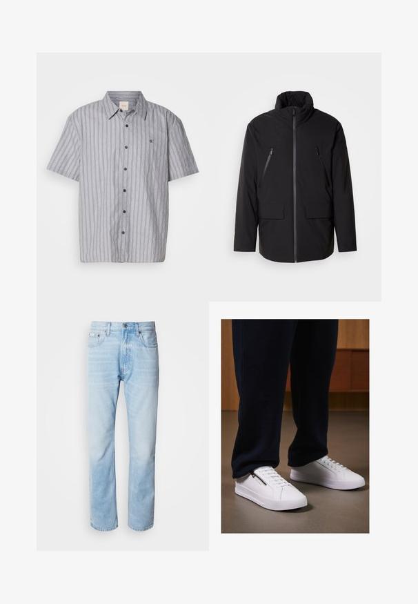 Čierna bunda s vysokým golierom, plný predný zips, dve zipsové vrecká na hrudi a dve predné vrecká s klopou; hladká textúra a uvoľnený strih.; Košeľa s krátkym rukávom a gombíkmi vyrobená z ľahkého materiálu s vertikálnymi modro-bielymi pruhmi. Obsahuje klasický golier a prednú vrecko.; Svetlomodré džínsy s rovnými nohavicami, s vybledlými časťami, dizajnom s piatimi vreckami a klasickým zapínaním na gombíky.; Biele tenisky s hladkým koženým povrchom, plochou podrážkou a šnurovacím dizajnom. Detail bočného zipsu pridáva funkčnosť. V kombinácii s tmavými joggermi.