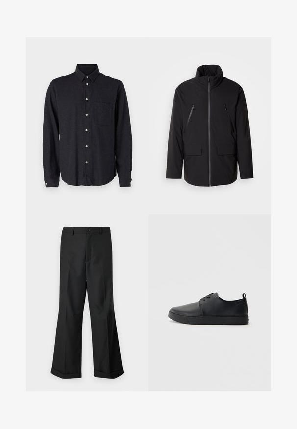 Schwarze Jacke mit hohem Kragen, durchgehendem Reißverschluss, zwei Zipper-Brusttaschen und zwei Frontklapptaschen; glatte Textur und lockere Passform.; Dunkelgraues Langarmhemd aus strukturiertem Stoff. Hat einen Button-Down-Kragen, eine Brusttasche und eine Knopfverschluss mit silbernen Knöpfen.; Schwarze weit geschnittene Hosen mit geknöpftem Bund und umgeschlagenen Säumen, vor einem schlichten weißen Hintergrund präsentiert.; Schwarze Leder-Sneaker mit glatter Oberfläche, abgerundeter Zehenpartie, gleichfarbiger Nähte, schnürbarem Vorderteil und flacher Gummisohle. Schlaufe an der Ferse.