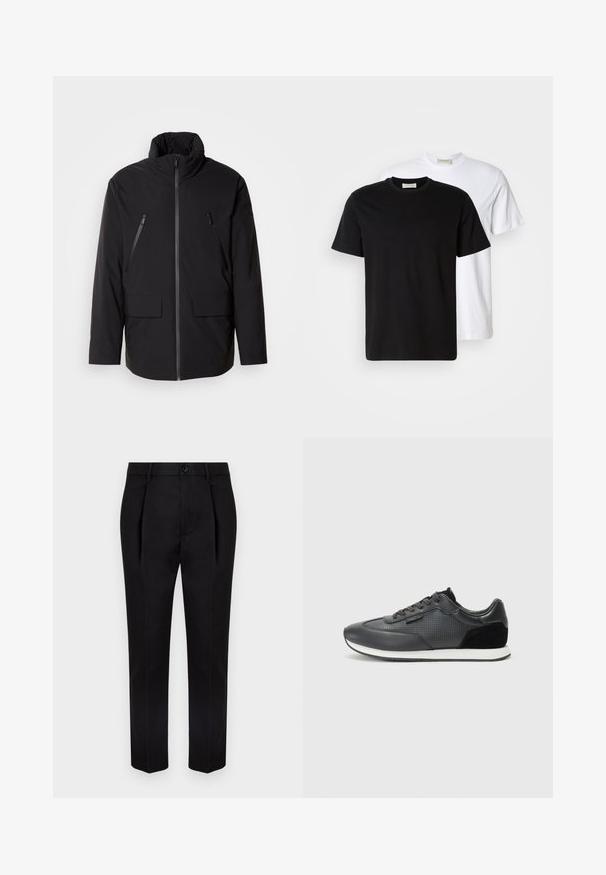 Melnas jakas ar augstu apkakli, pilnu priekšējo rāvējslēdzēju, divām rāvējslēdzēja krūšu kabatām un divām priekšējām kabatām ar atloku; gluda tekstūra un brīva piegriezuma.; Divas vienkāršas kokvilnas T-kreklus, viens melns novietots priekšā baltam, abiem īsām piedurknēm un apaļām izgriezēm.; Melni bikses ar pielāgotu dizainu, kas izceļas ar krokām un gludu tekstūru. Josta ir aprīkota ar pogu, lai nodrošinātu drošu piegulšanu.; Melni sporta kurpju zābaki, kas izgatavoti ar ādas augšdaļu, ar perforētu dizainu, zamšādas akcentiem un baltu gumijas zoli. Klasiska auklu pievēršana.