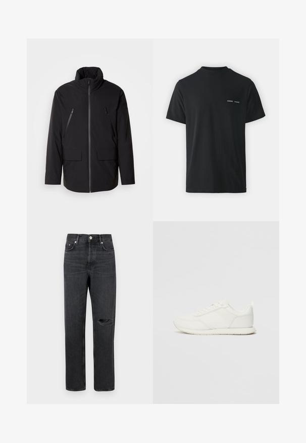 Fekete dzseki magas gallérral, teljes elülső cipzárral, két cipzáras mellzsebbel és két elülső hajtókás zsebbel; sima textúrájú és laza szabású.; Fekete pamut póló klasszikus kerek nyakkal, rövid ujjakkal, és két kicsi fehér "SAMSØE" logóval a bal mellen.; Fekete farmernadrág egyenes szárakkal, térdnél lyukas, öt zsebes kialakítással, és fémből készült kiegészítőkkel a deréknál és a zsebeknél.; Fehér sneaker hálós és szintetikus felsőrésszel, kerek orral, lapos fűzőkkel és textúrázott oldalsávval. Gumi talp hátul húzófüllel.