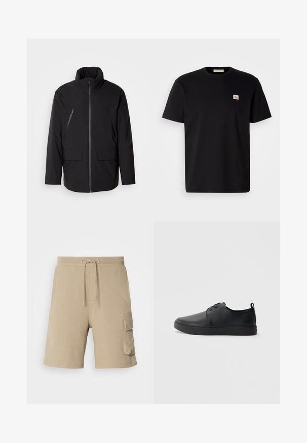 Chaqueta negra con cuello alto, cierre frontal completo, dos bolsillos en el pecho con cremallera y dos bolsillos frontales con solapa; textura suave y corte relajado.; Camiseta de algodón negra de manga corta, cuello redondo y un pequeño logo bordado en el lado izquierdo del pecho. Textura suave, corte regular.; Pantalones cortos de cargo beige, hechos de una tela suave, con una cintura elástica y con cordón y bolsillos laterales. Diseño simple, hasta la rodilla, con detalles de costura mínimos.; Zapatilla negra de cuero con acabado suave, punta redondeada, costuras a tono, cordones en la parte delantera y suela de goma plana. Asa en el talón.