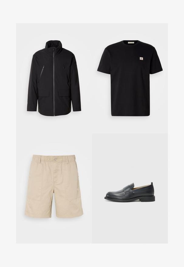 Black jacket with a high collar, full front zipper, two zippered chest pockets, and two front flap pockets; smooth texture and relaxed fit.; Black cotton t-shirt with short sleeves, crew neck, and a small embroidered logo on the left chest. Smooth texture, regular fit.; Beige cotton shorts with elastic waist, front button, and two side pockets. Features subtle stitching and a small logo on the side.; Black leather loafers featuring a smooth finish, a flat sole, and a rounded toe with a decorative strap across the upper.