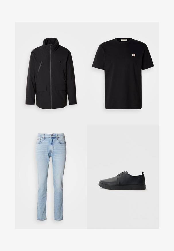 Casaco preto com gola alta, fecho frontal com zíper, dois bolsos no peito com zíper e dois bolsos frontais com aba; textura suave e corte descontraído.; T-shirt de algodão preto com mangas curtas, gola redonda e um pequeno logotipo bordado no lado esquerdo do peito. Textura suave, corte regular.; Jeans de denim azul claro com corte reto, cinco bolsos e fecho de correr. Apresenta um desbotamento subtil e detalhes de costura em contraste.; Sapatilha de couro preta com um acabamento liso, bico arredondado, costura ton sur ton, frente com atacadores e sola plana de borracha. Alça no calcanhar.