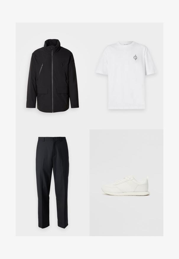 Svart jakke med høy krage, hel frontglidelås, to glidelåslommer på brystet og to lommer med klaff foran; glatt tekstur og avslappet passform.; Hvit bomull t-skjorte med avslappet passform, med en liten svart grafisk logo på venstre brystområde. Korte ermer, rund hals.; Sorte dressbukser med striper, rett passform, glatt tekstur, liv med beltehemper og en enkelt knappelukking.; Hvit sneaker med en mesh- og syntetisk overdel, rund tå, flate lisser og en teksturert sidestropp. Gummisåle med en pull-tab bak.