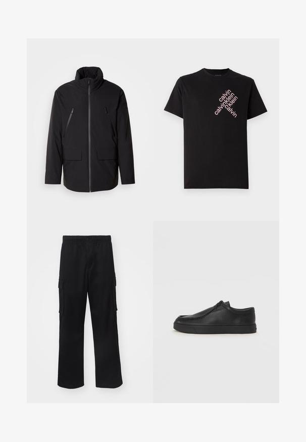 Casaco preto com gola alta, fecho frontal com zíper, dois bolsos no peito com zíper e dois bolsos frontais com aba; textura suave e corte descontraído.; T-shirt preto em algodão com impressão diagonal do logotipo "calvin klein" em rosa na parte frontal. Mangas curtas e decote redondo.; Calças cargo pretas com um cós elástico, bolsos laterais e um design de perna reta, feitas de um tecido leve.; Sapata slip-on de couro preto com biqueira arredondada, detalhes cosidos e sola de borracha preta. Textura suave com design minimalista.