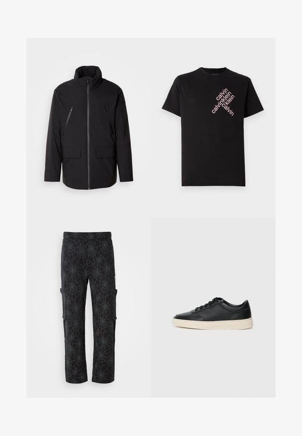 Svart jakke med høy krage, hel frontglidelås, to glidelåslommer på brystet og to lommer med klaff foran; glatt tekstur og avslappet passform.; Svart bomull T-skjorte med skrå rosa "calvin klein" logo trykk foran. Korte ermer og rund halslinning.; Cargo bukser i sort stof med et spindelvævsmønster i mørkegrå; har sidelommer og en afslappet pasform med lige ben.; Svarte lavtopp lær sneakers med svarte snører og off-white såle vist i sidesyn på hvit bakgrunn.