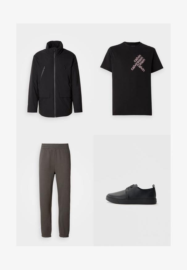 Sorte jakke med høj krave, fuld frontlynlås, to lynlåsede brystlommer og to frontlommer med klap; glat tekstur og afslappet pasform.; Sort bomulds T-shirt med et diagonalt pink "calvin klein" logo print foran. Korte ærmer og rund halsudskæring.; Mørkegrå sweatpants med elastisk talje, tapered ben og ribbede manchetter. Har et lille logo på låret. Lavet af blødt stof.; Sorte lædersneakers med en glat finish, rund tå, tonalt syning, snøring foran og en flad gummisål. Løkke ved hælen.