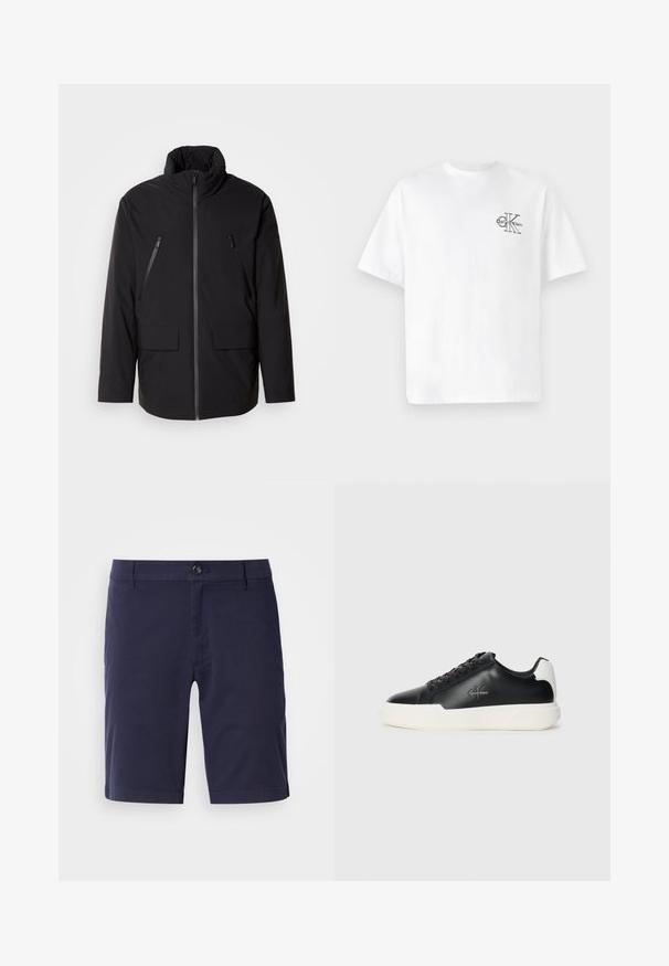 Black jacket with a high collar, full front zipper, two zippered chest pockets, and two front flap pockets; smooth texture and relaxed fit.; White cotton t-shirt with short sleeves, crew neck, featuring a black CK logo on the left chest area, standard fit, smooth texture.; Navy blue shorts with a flat front, button closure, and side pockets. Made from lightweight fabric with a smooth texture.; Black leather sneakers with white rubber sole. Features round toe, lace-up design, and logo detail on the side. Rear accent in white.