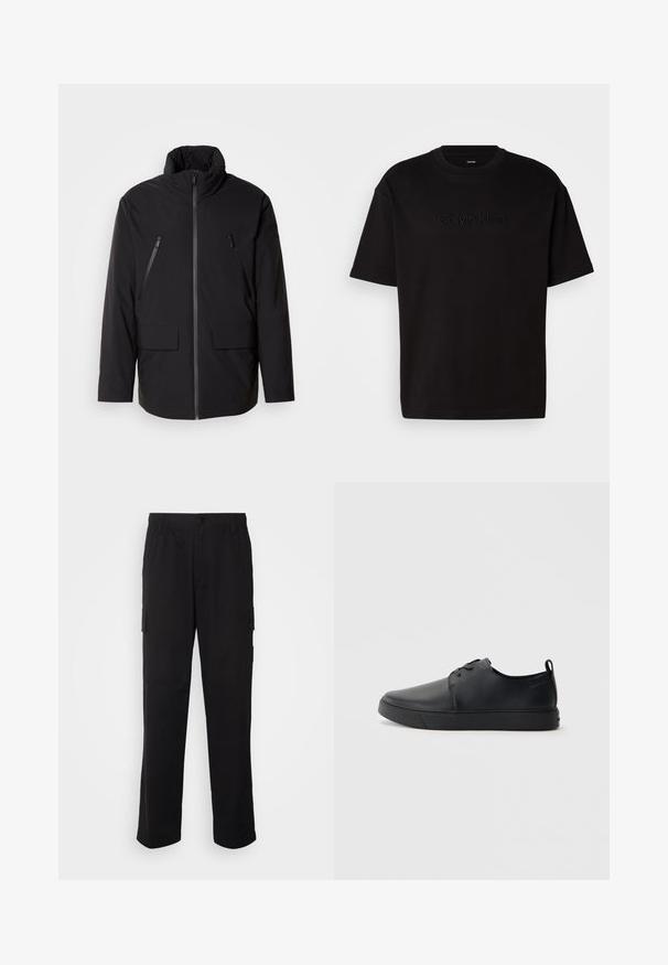 Fekete dzseki magas gallérral, teljes elülső cipzárral, két cipzáras mellzsebbel és két elülső hajtókás zsebbel; sima textúrájú és laza szabású.; Fekete pamut póló rövid ujjakkal, elülső részén domború "Calvin Klein" logóval, kerek nyakkal és laza szabással.; Calvin Klein Jeans REGULAR STRAIGHT - Oldalzsebes nadrágok - black; Fekete bőr sportcipő sima felülettel, lekerekített orral, azonos színű varrással, fűzős elülső résszel és lapos gumitalppal. Hurok a sarkán.