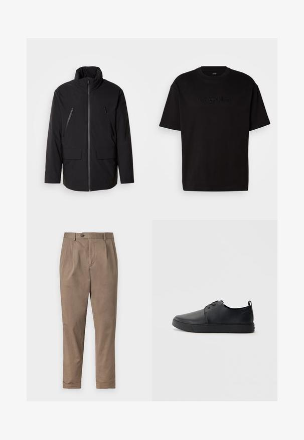 Schwarze Jacke mit hohem Kragen, durchgehendem Reißverschluss, zwei Zipper-Brusttaschen und zwei Frontklapptaschen; glatte Textur und lockere Passform.; Schwarzes Baumwoll-T-Shirt mit kurzen Ärmeln, das ein geprägtes "Calvin Klein"-Logo auf der Vorderseite, einen runden Ausschnitt und eine lässige Passform aufweist.; Khakihosen mit taillierter Passform, ausgestattet mit einer vorderen Falte, einem Knopfverschluss und umgeschlagenen Säumen. Hergestellt aus einem leichten Baumwoll-Mischgewebe.; Schwarze Leder-Sneaker mit glatter Oberfläche, abgerundeter Zehenpartie, gleichfarbiger Nähte, schnürbarem Vorderteil und flacher Gummisohle. Schlaufe an der Ferse.