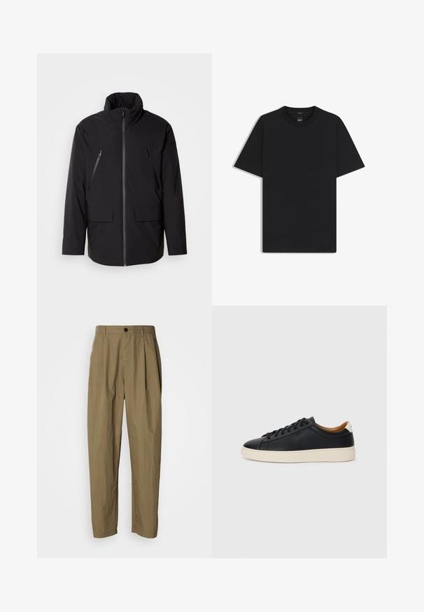 Black jacket with a high collar, full front zipper, two zippered chest pockets, and two front flap pockets; smooth texture and relaxed fit.; Black short-sleeve T-shirt made from a smooth cotton blend, featuring a crew neckline and a minimalistic design with no patterns or accents.; Khaki-colored straight-leg trousers with pleats, belt loops, and a single black button at the waist, displayed on a white background.; Black leather sneakers with a smooth texture, beige rubber sole, lace-up design, and a contrasting heel accent.