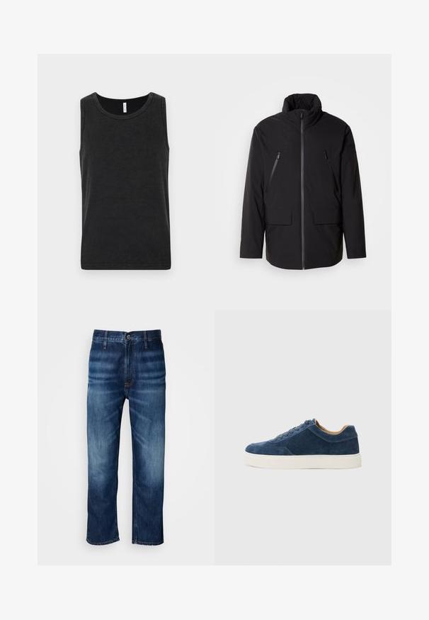 Giubbotto nero con colletto alto, zip frontale completa, due tasche sul petto con zip e due tasche frontali con pattina; texture liscia e vestibilità comoda.; Top in cotone nero senza maniche, con scollatura rotonda e texture liscia. Presenta un taglio semplice e classico.; Jeans in denim blu scuro a gamba dritta con leggera sbiaditura sulle cosce e chiusura a bottone in vita, esposti su uno sfondo bianco.; Sneaker in pelle scamosciata blu con suola in gomma bianca, design con lacci, punta arrotondata e interno in contrasto color tan. Dettagli di cucitura sottili.