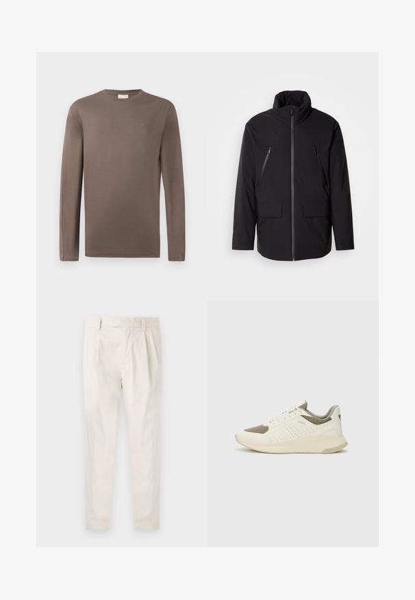 Zwarte jas met hoge kraag, volledige ritssluiting, twee ritszakken op de borst en twee voorzakken met klep; gladde textuur en ontspannen pasvorm.; Lange mouwen bruin katoen T-shirt met ronde hals; heeft een klein logo op de borst en een gladde, lichte textuur.; Witte, geplooide broeken met een getailleerde pasvorm, met een gladde textuur, riemlussen en taps toelopende benen. Geen zichtbare zakken of patronen.; Witte en lichtbeige sport sneaker, met een bovenwerk van mesh, geperforeerde details en een gestructureerde tussenzool met branding op de hiel.