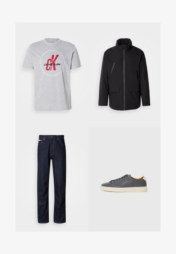 Svart jakke med høy krage, hel frontglidelås, to glidelåslommer på brystet og to lommer med klaff foran; glatt tekstur og avslappet passform.; Grå bomull T-skjorte med rund hals, korte ermer, og et sentralt grafisk trykk med "Calvin Klein" og "CK" i rødt og svart.; Mørkeblå denimjeans med rett ben-design, som har knappestolpe, fem lommer og kontrasterende sømdetaljer.; Grå skinnsneaker med rund tå, gummisåle, flate snører og lyse detaljer på hælen. Glatt tekstur og minimalistisk design.