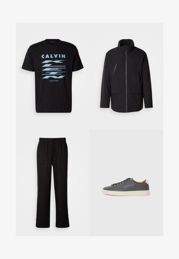 Mustagahega kõrge kaelusega must jope, täispikk tõmblukk, kaks tõmblukuga rinna-taskut ja kaks esist flap-taskut; sile tekstuur ja mugav lõige.; Must musta T-särk, millel on helesinised geomeetrilised kirjad ja graafika. Klassikaline ringkaelus ja lühikesed varrukad, millel on mugav lõige.; Mustad lõdva istuvusega mustad püksid, mis on valmistatud kergest kangast. Omavad elastset vöökohta, nööbiga sulgemist ja kahte esist taskut.; Hallhalli nahast tossud ümmarguse varbaga, kummist tallaga, lamedate paeltega ja heledate aktsentidega kontsadel. Sile tekstuur ja minimalistlik disain.