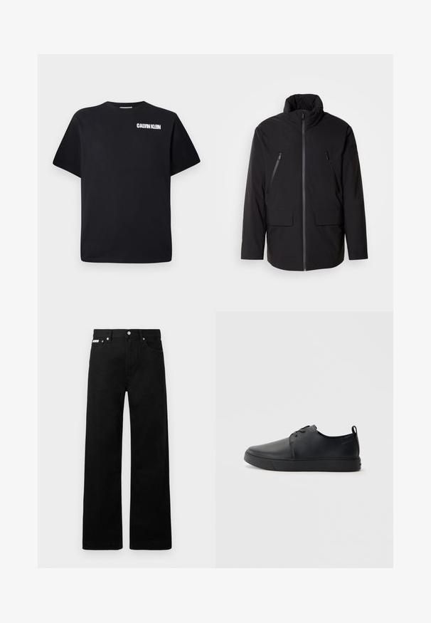 Juodas švarkas su aukštu apykakle, pilnu priekyje esančiu užtrauktuku, dviem užtrauktukais uždaromomis krūtinės kišenėmis ir dviem priekinėmis kišenėmis su užklotais; lygus audinys ir laisvas kirpimas.; Juodas medvilninis marškinėliai su apvalia iškirpte, trumpomis rankovėmis ir balta "CALVIN KLEIN" logotipu, atspausdintu kairėje viršutinėje pusėje.; Juodos džinsinės kelnės su plačiu kojų dizainu, turinčios penkias kišenes ir metalinius sagčių akcentus. Lygus paviršius, be matomų raštų.; Juodos odinės sportinės bateliai su lygiu paviršium, suapvalinta nosimi, toniniais siūlais, raištelių užsegimu priekyje ir plokščiu guminiu padu. Kilpelė ant kulno.