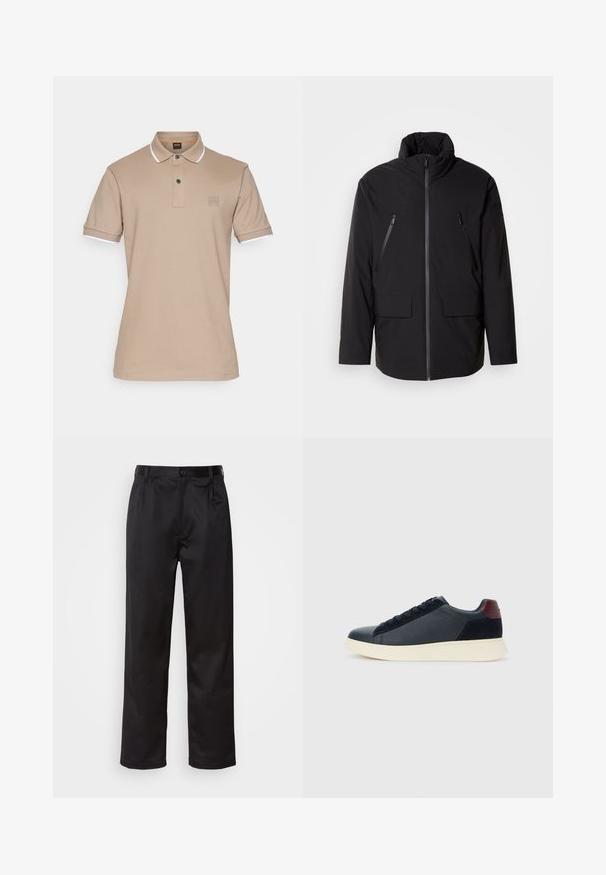 Čierna bunda s vysokým golierom, plný predný zips, dve zipsové vrecká na hrudi a dve predné vrecká s klopou; hladká textúra a uvoľnený strih.; BOSS PASSERTIP - Polokošeľa - open brown; Čierne nohavice vyrobené z hladkej látky, s predným zapínaním na gombík, s plisovaním a rovnými nohavicami. Žiadne viditeľné vzory ani akcenty.; Pánske nízkopoložené tenisky z čiernej kože a semisuku s vínovým pätovým pásikom a bielou gumovou podrážkou, zobrazené z vonkajšej strany.