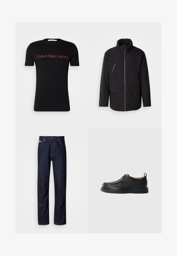 Jachetă neagră cu guler înalt, fermoar frontal complet, două buzunare pe piept cu fermoar și două buzunare laterale cu clapă; textură netedă și croială lejeră.; Tricou scurt negru din bumbac, cu guler rotund. Logo-ul roșu "Calvin Klein Jeans" pe piept, design simplu, fără modele suplimentare.; Blugi din denim de culoare albastru închis, cu un design drept, având un sistem de închidere cu nasturi, cinci buzunare și detalii de cusătură contrastante.; Pantof de piele neagră cu un finisaj neted, vârf rotunjit, cusături subtile, design cu șireturi și un tab de tragere texturat pe spate.