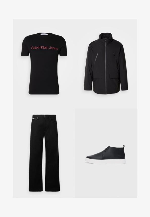 Jachetă neagră cu guler înalt, fermoar frontal complet, două buzunare pe piept cu fermoar și două buzunare laterale cu clapă; textură netedă și croială lejeră.; Tricou scurt negru din bumbac, cu guler rotund. Logo-ul roșu "Calvin Klein Jeans" pe piept, design simplu, fără modele suplimentare.; Pantaloni din denim negri cu un design cu picioare largi, având cinci buzunare și accesorii metalice pentru butoane. Textură netedă, fără modele vizibile.; Adidași negri din piele, cu vârf înalt, finisaj neted, talpă din cauciuc alb și un design simplu cu șireturi. Au un tab de prindere în partea din spate.
