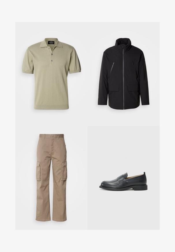 Čierna bunda s vysokým golierom, plný predný zips, dve zipsové vrecká na hrudi a dve predné vrecká s klopou; hladká textúra a uvoľnený strih.; Polo tričko s krátkym rukávom v svetlej olivovej zelenej farbe z pleteniny, s plochým golierom, troj gombíkovým zapínaním a rebrovaným lemom.; Bežové cargo nohavice vyrobené z bavlny s voľným strihom, obsahujúce dve bočné vrecká a zapínanie na gombík v oblasti pásu.; Čierne kožené poltopánky s hladkým povrchom, plochou podrážkou a okrúhlou špičkou s dekoratívnym pásikom cez hornú časť.