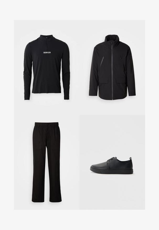 Juodas švarkas su aukštu apykakle, pilnu priekyje esančiu užtrauktuku, dviem užtrauktukais uždaromomis krūtinės kišenėmis ir dviem priekinėmis kišenėmis su užklotais; lygus audinys ir laisvas kirpimas.; Juodas ilgomis rankovėmis viršus su aukštu apykakle, turintis ketvirčio užtrauktuką ir baltą "CALVIN KLEIN" logotipą priekyje. Lygus, elastingas audinys.; Juodos kelnės su laisvu siluetu, pagamintos iš lengvos medžiagos. Yra elastingas juosmuo, mygtuko užsegimas ir dvi priekinės kišenės.; Juodos odinės sportinės bateliai su lygiu paviršium, suapvalinta nosimi, toniniais siūlais, raištelių užsegimu priekyje ir plokščiu guminiu padu. Kilpelė ant kulno.