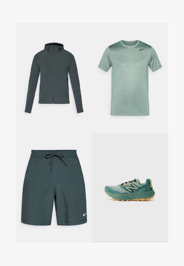 Mørk grå Nike-jakke med full glidelås, høy krage og hette. Har lange ermer og to frontlommer. Glatt, lett stoff.; Lys grønn Nike T-skjorte, kort erm, rund hals, jevn tekstur, med en subtil gradient og svart swoosh-logo på venstre skulder.; Herre treningsshorts laget av lettvekts stoff i mørkegrønn farge, med elastisk midjebånd og snor samt en liten hvit logo.; Grønn terrengløpesko med mesh-overdel, svarte snører og en kraftig gul såle. Har "Fresh Foam" og "Vibram" merke.