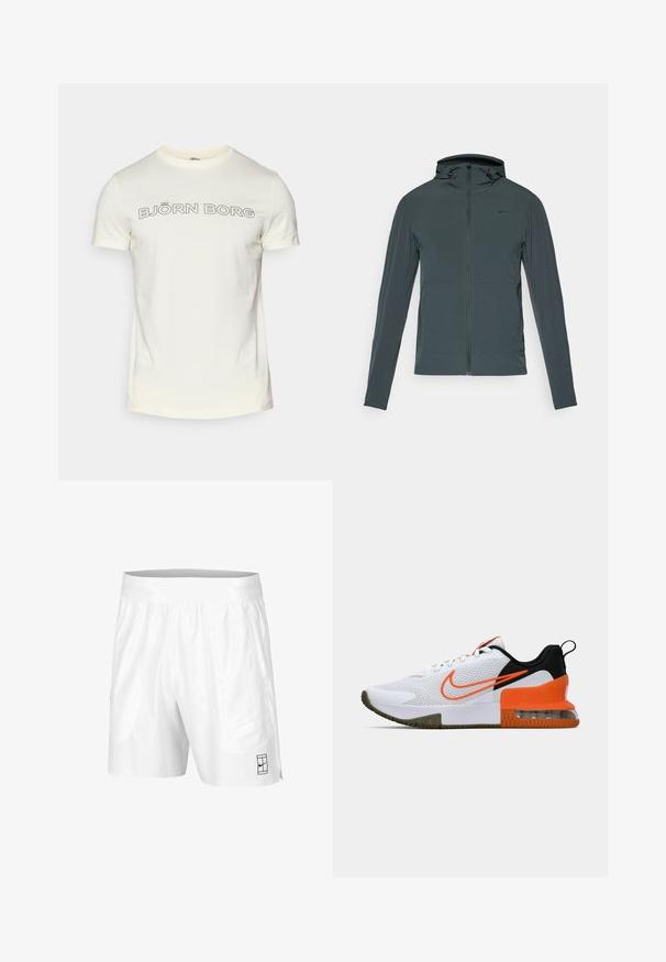 Temno siva Nike jakna z polnim zadrgo, visokim ovratnikom in kapuco. Ima dolge rokave in dve sprednji žepi. Gladka, lahka tkanina.; Kremna bombažna majica s kratkimi rokavi, ki na prsih vsebuje boldirano črno besedilo "BJÖRN BORG" v zaobljeni pisavi.; Bele športne kratke hlače z elastičnim pasom, dvema stranskima žepoma in majhnim črnim logotipom na spodnjem sprednjem delu. Gladka tekstura.; Bela športna čevlja z teksturirano mrežasto zgornjico, črnimi in oranžnimi poudarki, debelim gumijastim podplatom ter prozornim zračno blazino na peti.