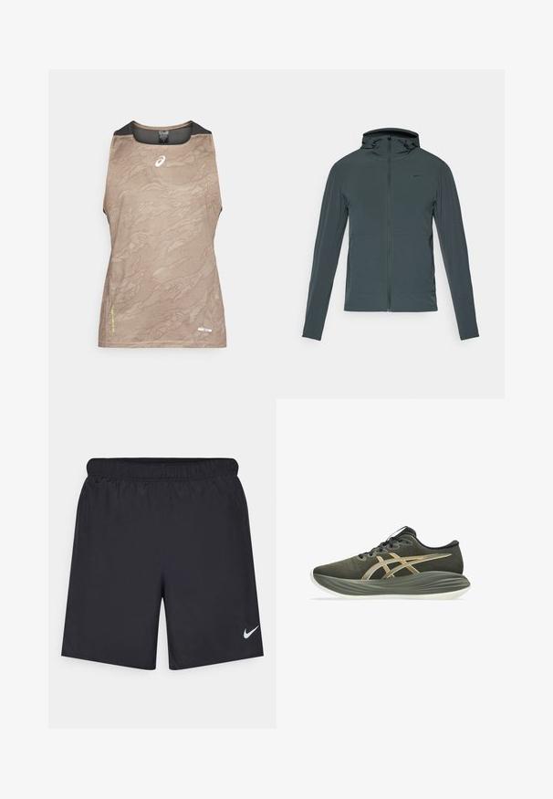 Tamsiai pilka Nike striukė su visišku užtrauktuku, aukštu apykakle ir gobtuvu. Su ilgomis rankovėmis ir dviem priekiniais kišenėmis. Lygus, lengvas audinys.; Įdegusi be rankovių sportinė maikutė su tekstūruotu raštu, juoda tinklinė apykaklė ir rankovių akcentai, o priekyje yra mažas logotipas.; Juodos sportinės šortai, pagaminti iš lengvos medžiagos, su elastingu juosmeniu. Ant apatinės kairės pusės yra mažas baltas Nike logotipas.; Tamsiai žalia bėgimo batai su paminkštintu padu, juodais raišteliais ir baltais bei oranžiniais akcentais šone, pavaizduota profiliu ant baltos fono.