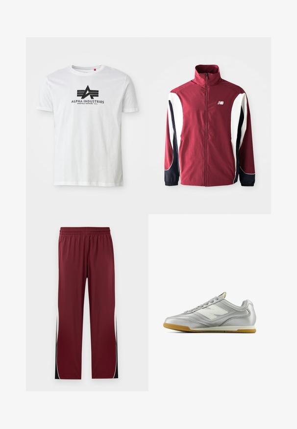 Burgundi ülikond, millel on kõrge kaelus, täispikk tõmblukk, valged ja tumesinised külgpaneelid ning logo vasakul rinnal. Sile kangas koos elastsete mansettidega.; Valge puuvillane T-särk, millel on must graafiline logo, kus on täht "A" ja kaks horisontaalset riba, mille all on sildiga "Alpha Industries" ja asukoha üksikasjad.; Burgundi spordipüksid elastse vöökohtadega, kontrastsete valgete külgtriipudega ja mustade aktsentidega. Valmistatud siledast, kergest kangast.; Hõbedane spordijalats sileda, läikiva pinnaga, valge logo küljes, tekstuuriga hallid paelad ja kummist soe põhi.