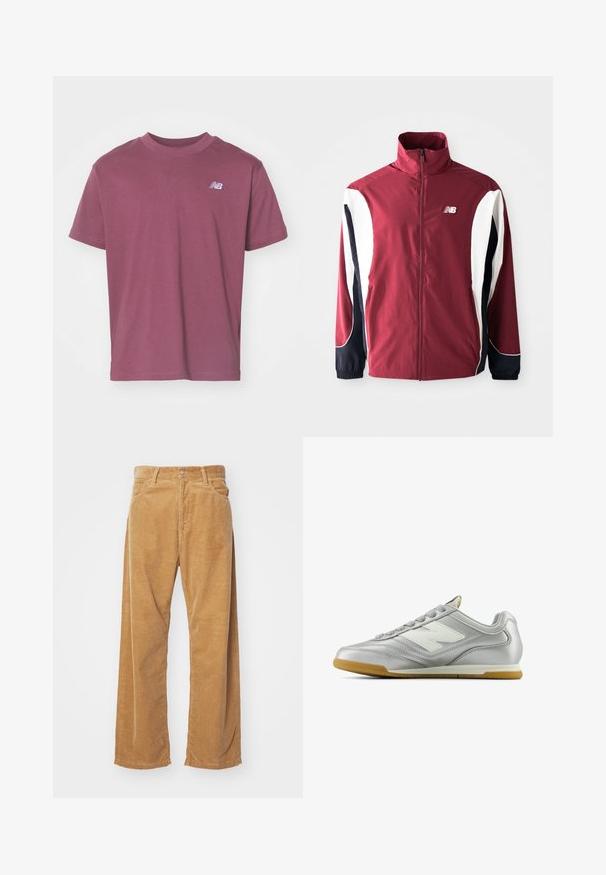 Bordo jaka ar augstu apkakli, pilnu rāvējslēdzēju, baltām un tumši zila sānu paneļiem un logotipu kreisajā krūtī. Gluda audums ar elastīgām piedurknēm.; Iekšējā t-kreklā ar īsām piedurknēm un apļa kakla izgriezumu tumši plūmju krāsā. Izgatavots no mīksta kokvilnas auduma ar mazu logo kreisajā krūtīs. Gluda tekstūra.; Korduroja platās bikses, bēšā krāsā. Tām ir teksturētas vertikālas ribas, standarta jostasvieta un divas priekšējās kabatas.; Sudraba sporta apavi ar gludu, spīdīgu virsmu, balto logo sānos, teksturētām pelēkajām šņorēm un gumijas zoli.