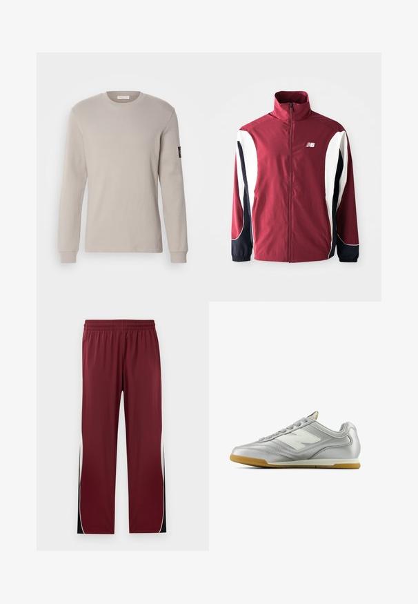 Bordeauxkleurige jack met hoge kraag, volledige rits, witte en marineblauwe zijpanelen, en logo op de linkerborst. Glad materiaal met elastische manchetten.; Beige katoenen t-shirt met lange mouwen, een ronde hals, geribbelde textuur en een klein zwart logo-patch op de linkermouw.; Bordeauxkleurige sportbroek met een elastische tailleband, contrasterende witte zijkanten en zwarte accenten. Gemaakt van een soepele, lichte stof.; Zilveren sportschoen met een gladde, glanzende oppervlak, wit logo aan de zijkant, gestructureerde grijzige veters en een gumrubberen zool.