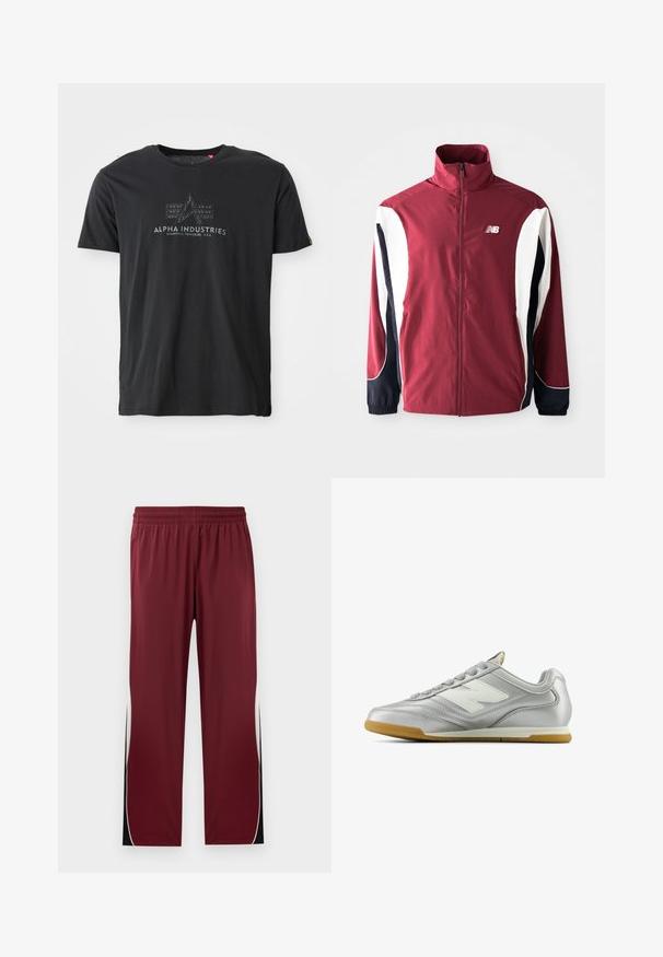 Burgundi ülikond, millel on kõrge kaelus, täispikk tõmblukk, valged ja tumesinised külgpaneelid ning logo vasakul rinnal. Sile kangas koos elastsete mansettidega.; Must mustrits mustriga kärgiga t-särk, millel on tekstureeritud logo trükk sõnadega "ALPHA INDUSTRIES" ja Triangular design keskel.; Burgundi spordipüksid elastse vöökohtadega, kontrastsete valgete külgtriipudega ja mustade aktsentidega. Valmistatud siledast, kergest kangast.; Hõbedane spordijalats sileda, läikiva pinnaga, valge logo küljes, tekstuuriga hallid paelad ja kummist soe põhi.