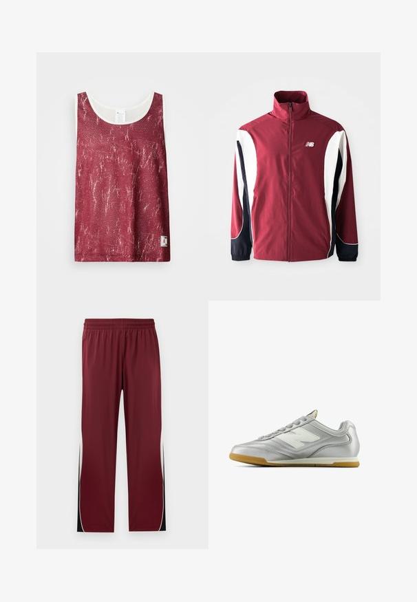 Veste bordeaux avec col montant, fermeture éclair intégrale, panneaux latéraux blancs et navy, et logo sur la poitrine gauche. Tissu lisse avec des poignets élastiques.; Débardeur en mesh rouge avec un motif légèrement décoloré et usé. Présente une bordure blanche le long de l'encolure et des emmanchures, ainsi qu'une petite étiquette de logo en bas.; Pantalons de sport bordeaux avec une taille élastique, des rayures latérales blanches contrastantes et des accents noirs. Fabriqués dans un tissu lisse et léger.; Chaussure de sport argentée avec une surface lisse et brillante, logo blanc sur le côté, lacets gris texturés et semelle en caoutchouc gomme.