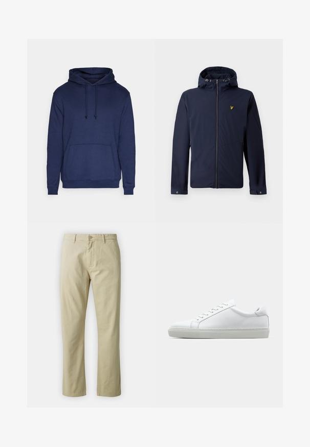 Tumši zils kapuces jaka ar priekšējo rāvējslēdzēju, regulējamiem kapuces auklām, rāvējslēdzēju sānu kabatām un mazu dzeltenu putnu logo uz krūšu.; Tumši zils kokvilnas kapučinis ar garām piedurknēm, aukliņu kapuci un priekšējo kabatu. Gluda tekstūra, brīvs griezums, ribota piedurkņu un apakšmalas apdare.; Beidzīgo kokvilnas bikses ar taisnu kāju piegriezumu, priekšējo pogu aizdari un jostas cilpām. Gluda tekstūra, nav redzamu rakstu vai akcentu.; Baltie sporta apavi ar gludu ādas virsu un zemu profilu. Iezīmējas ar noapaļotu purngalu, sešām acīm un teksturētu gumijas zoli.