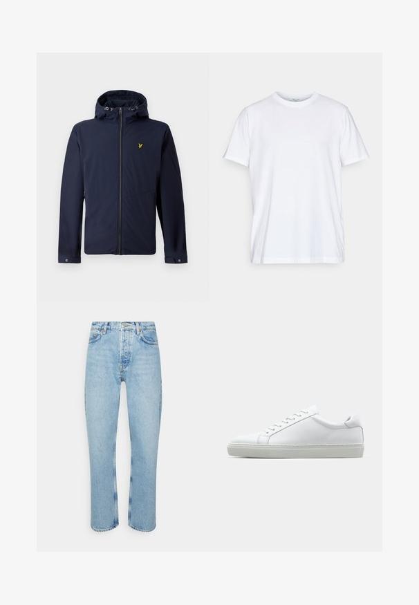 Tumši zils kapuces jaka ar priekšējo rāvējslēdzēju, regulējamiem kapuces auklām, rāvējslēdzēju sānu kabatām un mazu dzeltenu putnu logo uz krūšu.; Balta kokvilnas T-krekls ar īsām piedurknēm, apaļu kakla izgriezumu un brīvu piegriezumu. Iezīmē minimālisma dizainu, bez rakstiem vai akcentiem.; Gaiši zili džinsi ar taisnu griezumu, augstu jostasvietu, piecu kabatu dizainu un redzamām šuvju detaļām uz šuvēm un malām.; Baltie sporta apavi ar gludu ādas virsu un zemu profilu. Iezīmējas ar noapaļotu purngalu, sešām acīm un teksturētu gumijas zoli.