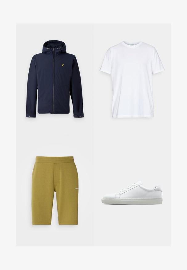 Mornaricno plava jakna s kapuljačom, frontnim zatvaračem, podesivim kabelima za kapuljaču, zatvorenim bočnim džepovima i malim žutim ptičjim logotipom na prsima.; Bijela pamučna majica kratkih rukava, s okruglim izrezom i ležernim krojem. Ima minimalistički dizajn, bez uzoraka ili akcenta.; Maslinasto zeleni šortsevi od mekog pamuka, s glatkom teksturom, elastičnom strukom i diskretnim logotipom s lijeve strane.; Bijela tenisica s glatkim kožnim gornjim dijelom i niskim profilom. Ima zaobljen vrh, šest rupica za vezanje i teksturiranu gumenu podlogu.