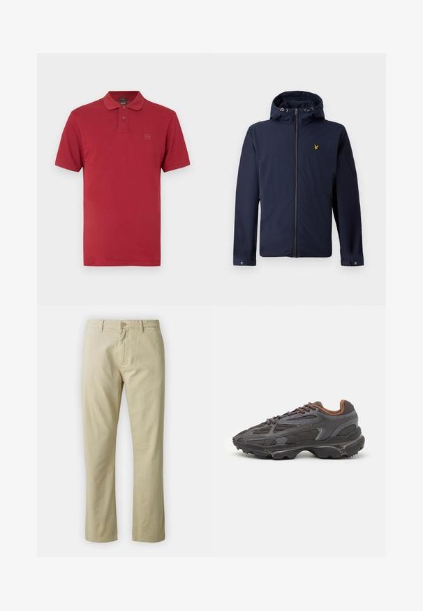 Tengerészkék kapucnis dzseki elülső cipzárral, állítható kapucnival, cipzáras oldalzsebekkel és egy apró sárga madár logóval a mellrészen.; Piros, karcsúsított szabású póló rövid ujjakkal, két gombbal a patentos részén, és kis dombornyomott logóval a bal mellrészen.; Beige színű, egyenes lábú pamut nadrág, elöl gombos záródással és övhurkokkal. Simaság jellemzi, látható minták vagy díszítések nélkül.; Sötét szürke Lacoste sportcipők hálós és szintetikus anyagból, textúrázott talppal és barna díszítésekkel a nyak részen és a logón.