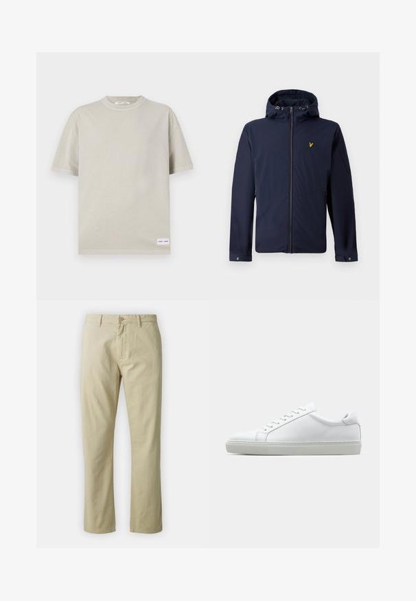 Tumedan sinine kapuutsiga jakk, millel on eesnepp, reguleeritavad kapuutsiköied, lukuga küljetaskud ja väikene kollane linnukujutis rinnal.; Kerge beež lühikeste varrukatega t-särk, mis on valmistatud pehmest kangast, ümmarguse kaelusega ja väikese sildiga vasakus alumises nurgas.; Beezid puuvillased püksid sirge sääre kujundusega, esitasku nuppude sulgemise ja vööde abil. Sile tekstuur, ilma nähtavate mustrite või aktsentideta.; Valge tennisetoss, millel on sile nahk pealis ja madal profiil. Omab ümarat ninaosa, kuut silmust ja tekstuuriga kummist talda.