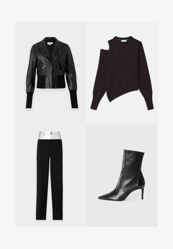 Black leather cropped jacket with a tailored collar, ribbed cuffs, and two front pockets. Smooth texture with a shiny finish.; Black knit sweater with an asymmetrical design, featuring a slashed shoulder, long sleeves, and cut-outs at the cuffs.; Black trousers with a shiny silver waistband. Features a button closure and four pockets, with a tailored fit and a straight leg design.; Black ankle boots made of smooth leather, featuring a pointed toe, fitted shaft, and a slim high heel. Minimalist design with no visible hardware.