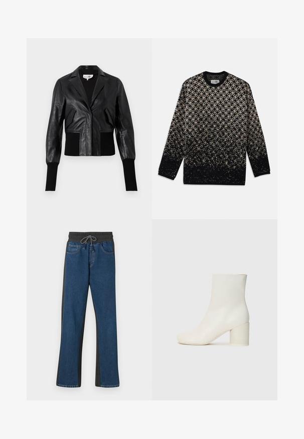 Must musta lühike jakk kohandatud kraega, ribaga mansetid ja kaks esist kotti. Sile tekstuur läikiva viimistlusega.; Kootud sviiter, millel on beez ja musta värvi teemantmuster ning järkjärguline värvifadeerumine. Ümar kaelus ja pikad varrukad. Pehme tekstuur.; Denim joggingupüksid, millel on sinine esikülg, hallid külgpaneelid, elastne vöökoht koos paelaga ja klassikaline viie tasku disain.; Valge nahast pahkluusaapad ümarate varvastega ja jämeda tsilindrilise kontsaga. Sile pind, minimaalne disain, ei ole nähtavat riistvaraga või mustreid.