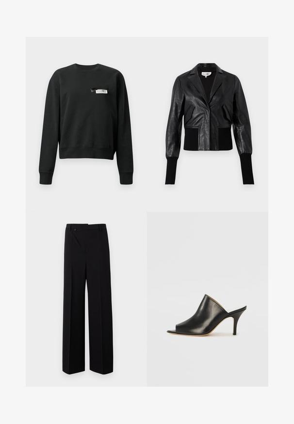 Must musta lühike jakk kohandatud kraega, ribaga mansetid ja kaks esist kotti. Sile tekstuur läikiva viimistlusega.; Must värvi pikkade varrukatega crewneck-sweatshirt, mille vasakul rinnaalal on väike valge ja must silt.; Mustad laiatsäärised püksid, millel on lame esiosa, nupuga kinnitamine ja sile kangatekstuur. Omab sirget lõiget ja teravaid jooni.; Must musta avatud varbaga king, millel on sujuv ja kumer disain, kõrge stilettokõrgus ja sile tekstuur. Siseosa on kontrastse heleda värviga.