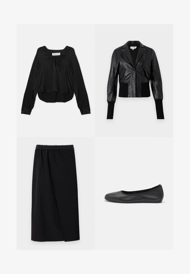 Must musta lühike jakk kohandatud kraega, ribaga mansetid ja kaks esist kotti. Sile tekstuur läikiva viimistlusega.; Must mustaga pikka varrukaga topp, mis on valmistatud siledast kangast ja millel on kaelus avatud kaelusega ja dekoratiivne seotud ääres, lõõgastav lõige ja kaarduv serv.; Mustmust koos kitsa vöökoha, sile kangas, keskmise pikkusega, asümmeetrilise disainiga ja tooreni lõigatud äärega, mis lisab tekstuuri.; Musthave mustika tantsutossud mustast nahast, ümmarguse varbaga, siledast tekstuurist, minimaalse õmblusdetailiga ja paindliku tallakujundusega.