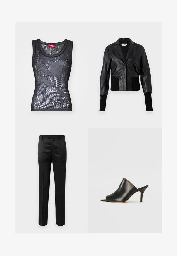 Giacca cropped in pelle nera con colletto sartoriale, polsini a coste e due tasche frontali. Tessuto liscio con una finitura lucida.; Canotta nera in rete con scollatura rotonda e un motivo di piccoli fori. L'etichetta interna riporta "032c". Il materiale sembra leggero e texturizzato.; Pantaloni neri su misura con gamba dritta e una vita con passanti per cintura, caratterizzati da un mix di pannelli di tessuto opaco e lucido.; Mule aperto in pelle nera con un design elegante e curvo, tacco a stiletto alto e superficie liscia. L'interno presenta un colore chiaro a contrasto.