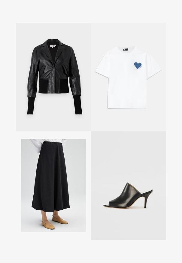Must musta lühike jakk kohandatud kraega, ribaga mansetid ja kaks esist kotti. Sile tekstuur läikiva viimistlusega.; Valge puuvillane T-särk lühikeste varrukatega ja ümmarguse kaelusega. Vasakul rinnal on sinine denimist südametäht ja selle all tekst.; Mustkunstine musta värvi midi seelik, millel on tekstuuriga pind, pa elastne vöökohaga ja voolava siluetiga. Kombineeritud beežide lapikutega kingadega.; Must musta avatud varbaga king, millel on sujuv ja kumer disain, kõrge stilettokõrgus ja sile tekstuur. Siseosa on kontrastse heleda värviga.