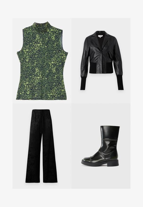 Czarna skórzana krótka kurtka z dopasowanym kołnierzem, prążkowanymi mankietami oraz dwiema przednimi kieszeniami. Gładka tekstura z błyszczącym wykończeniem.; Beżowa bluzka bez rękawów z golfem w zielono-ciemnoniebieski wzór, z teksturowanym, organicznym wzorem. Miękka tkanina o luźnym kroju.; Szerokie czarne spodnie wykonane z gładkiego materiału, z elastycznym paskiem w talii, detalem w postaci sznurka oraz subtelnym wzorem kwiatowym.; Czarne skórzane botki za kostkę z okrągłym noskiem, gładkim wykończeniem, kontrastowym szwem i słupkowym obcasem, o lekko zwężającej się sylwetce.
