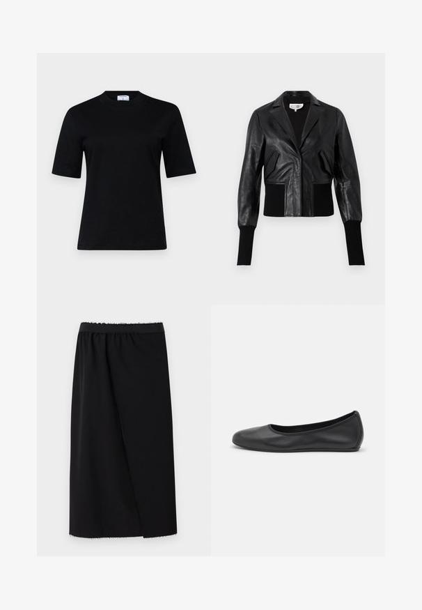 Black leather cropped jacket with a tailored collar, ribbed cuffs, and two front pockets. Smooth texture with a shiny finish.; Black short-sleeve t-shirt made of soft material with a round neckline and a straight cut; features minimalistic design with no visible patterns.; Black skirt with a fitted waistband, smooth fabric, mid-length, featuring an asymmetric design with a raw hem for added texture.; Black leather ballet flat with a rounded toe, smooth texture, minimal stitching detail, and a flexible sole design.