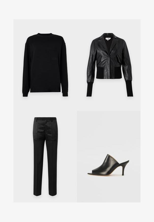 Juodas oda trumpas švarkas su pritaikytu apykakle, juostelėmis rankovėmis ir dviem priekinėmis kišenėmis. Lygus paviršius su blizgiu apdailos efektu.; Juoda ilgomis rankovėmis medvilninė marškinėliai. Turi apvalų kaklą, krūtinės kišenę ir subtilias siūles rankogaliuose bei apačioje.; Juodos pritaikytos kelnės su tiesiomis kojomis ir juosmeniu su diržo kilpomis, su matinio ir blizgaus audinio juostelėmis.; Juodas odinis atviras mules batelis su elegantišku, kreiviu dizainu, aukštu stiletto kulnu ir lygiu paviršiumi. Vidus turi kontrastingą šviesią spalvą.