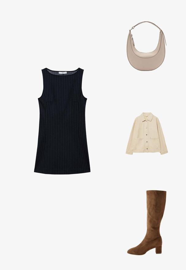 Beige džínová bunda s límečkem, zapínáním na knoflíky, dvěma předními kapsami a viditelnými švy. Uvolněný střih, dlouhé rukávy.; Námorně modré šaty bez rukávů s rovnými liniemi, obsahující boční kapsy a kulatý výstřih. Hladká textura látky.; Hnědé semišové vysoké boty po kolena s jemně zakončenou špičkou a blokovým podpatkem, které mají hladký povrch a čisté švy podél okrajů.; Světle béžová kožená kabelka přes rameno s půlměsíčovým tvarem, hladkým povrchem a jedním zakřiveným uchopem. Obsahuje zipový uzávěr a upravené švy.